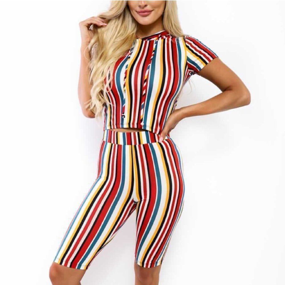 Hooded multi colored Striped pattern 2pc Short Set